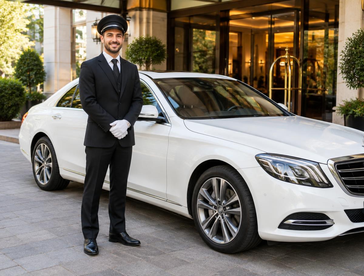 Professional driver beside a clean white sedan at a hotel entrance