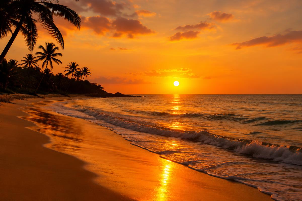Sunset over a sandy beach with palm silhouettes