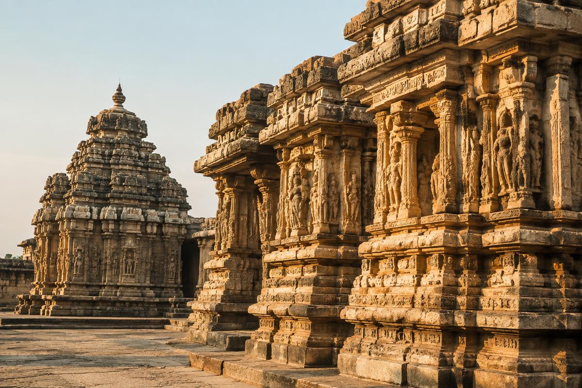 Carved stone temple architecture in warm daylight
