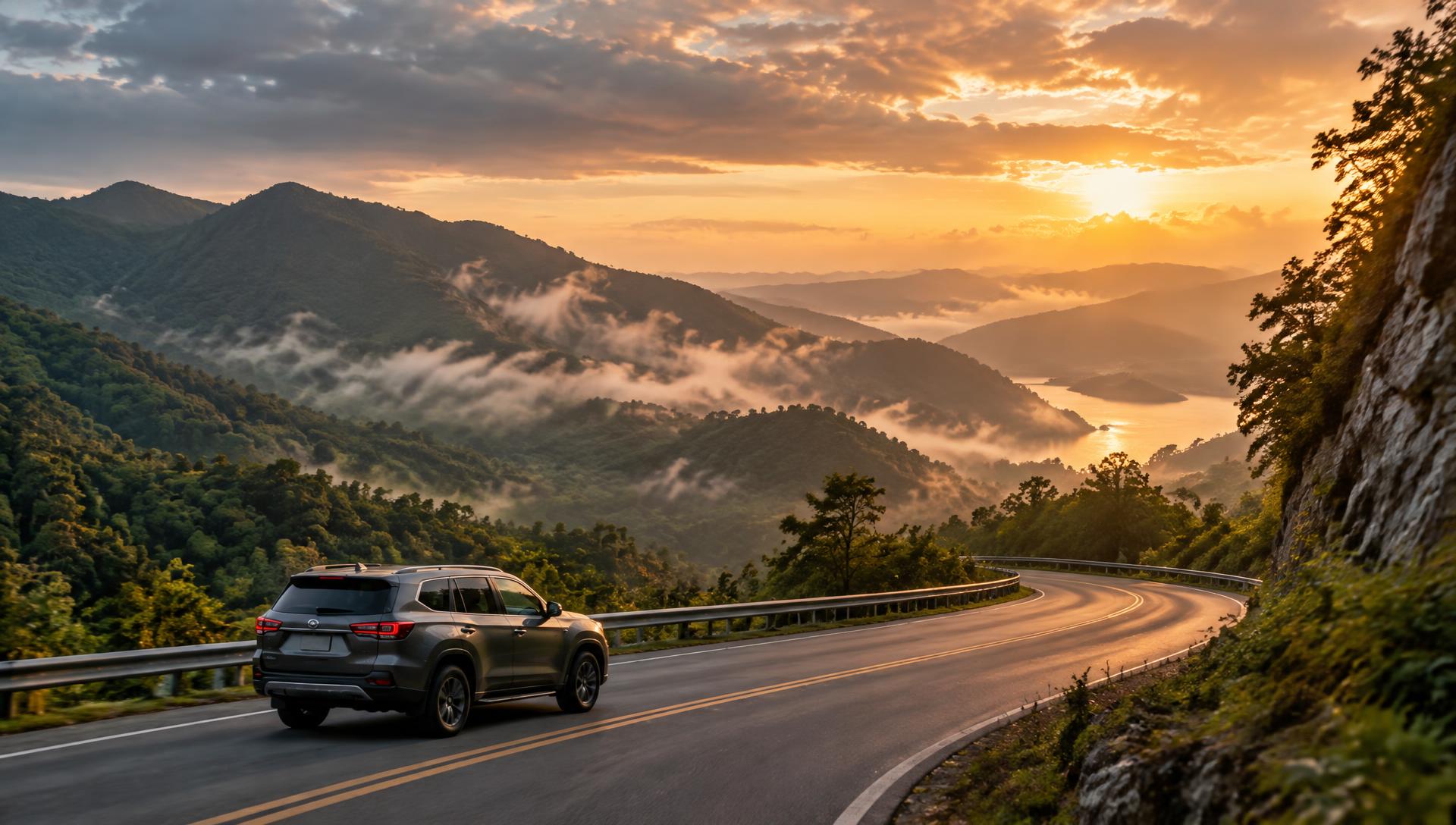 Vehicle on a winding mountain road at golden hour