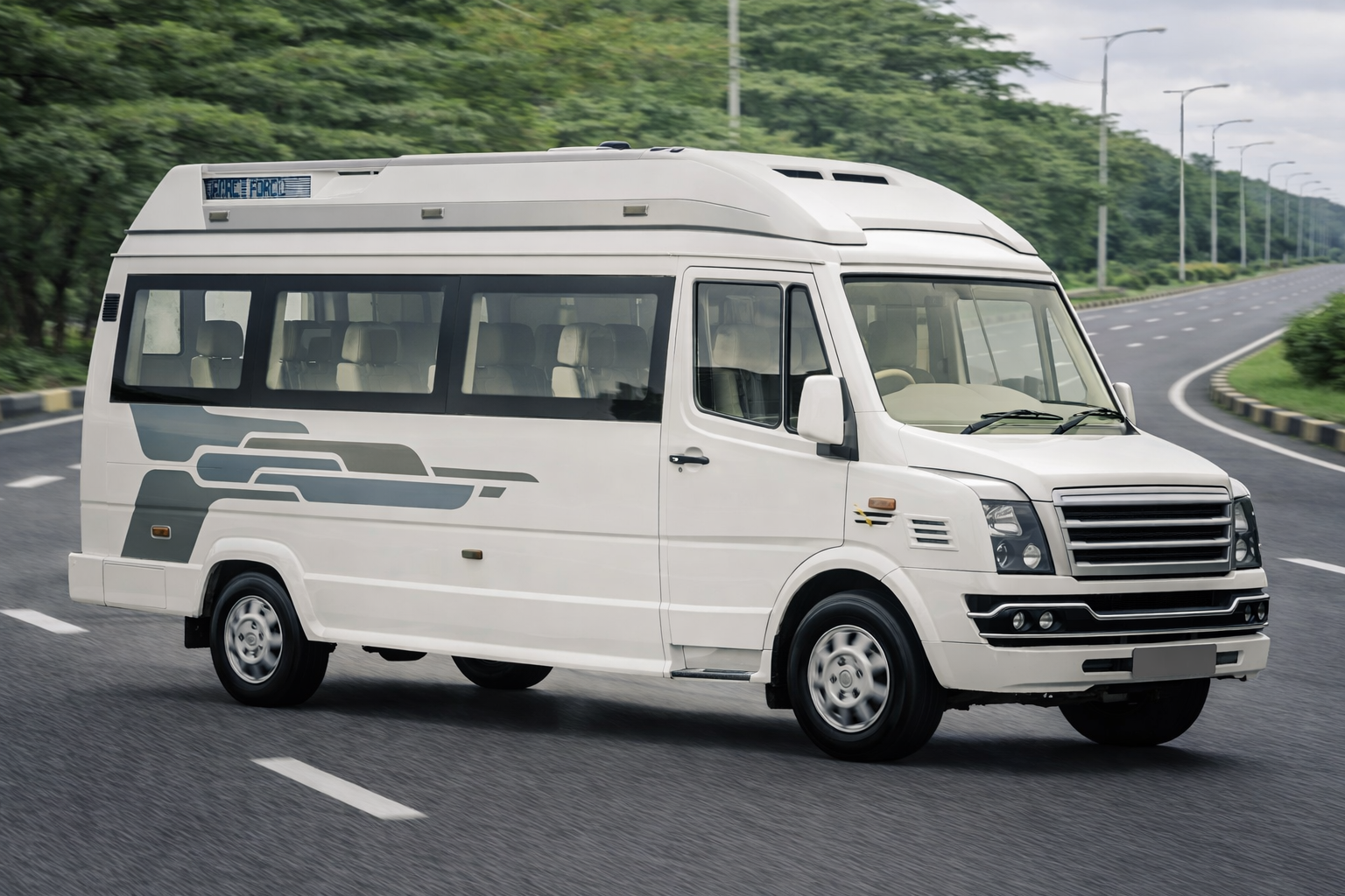 White tempo traveller minibus for group travel